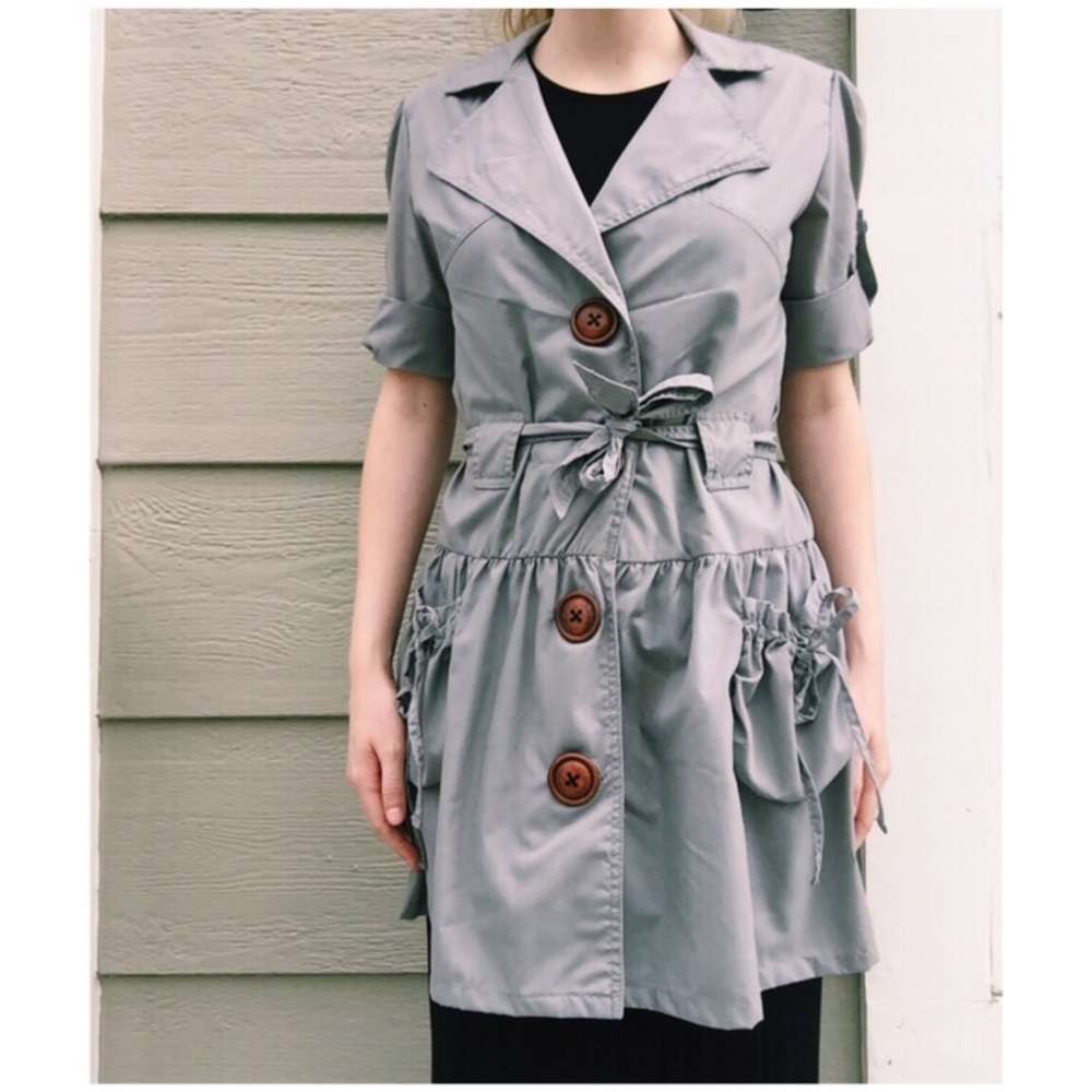 Silver gray professional work button up trench coat jacket small